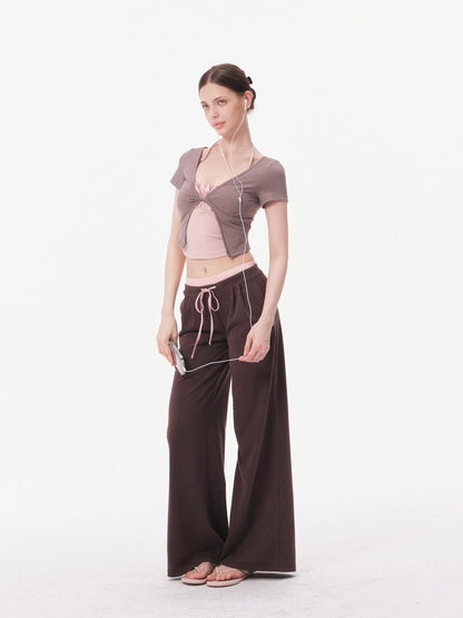 innerflow Nude Skin Cropped Tie Cardigan Camisole High Waist Pants Women&