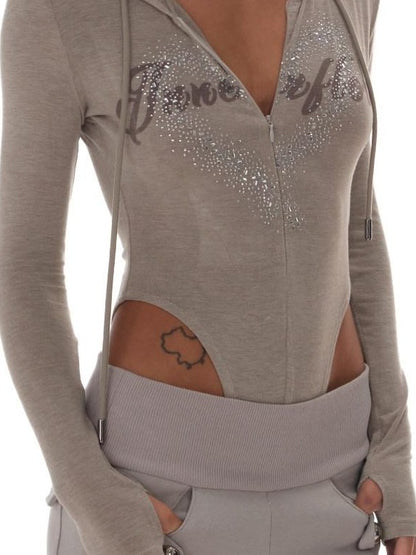 innerflow Pine Green Hooded Print Hotfix Slim Women&