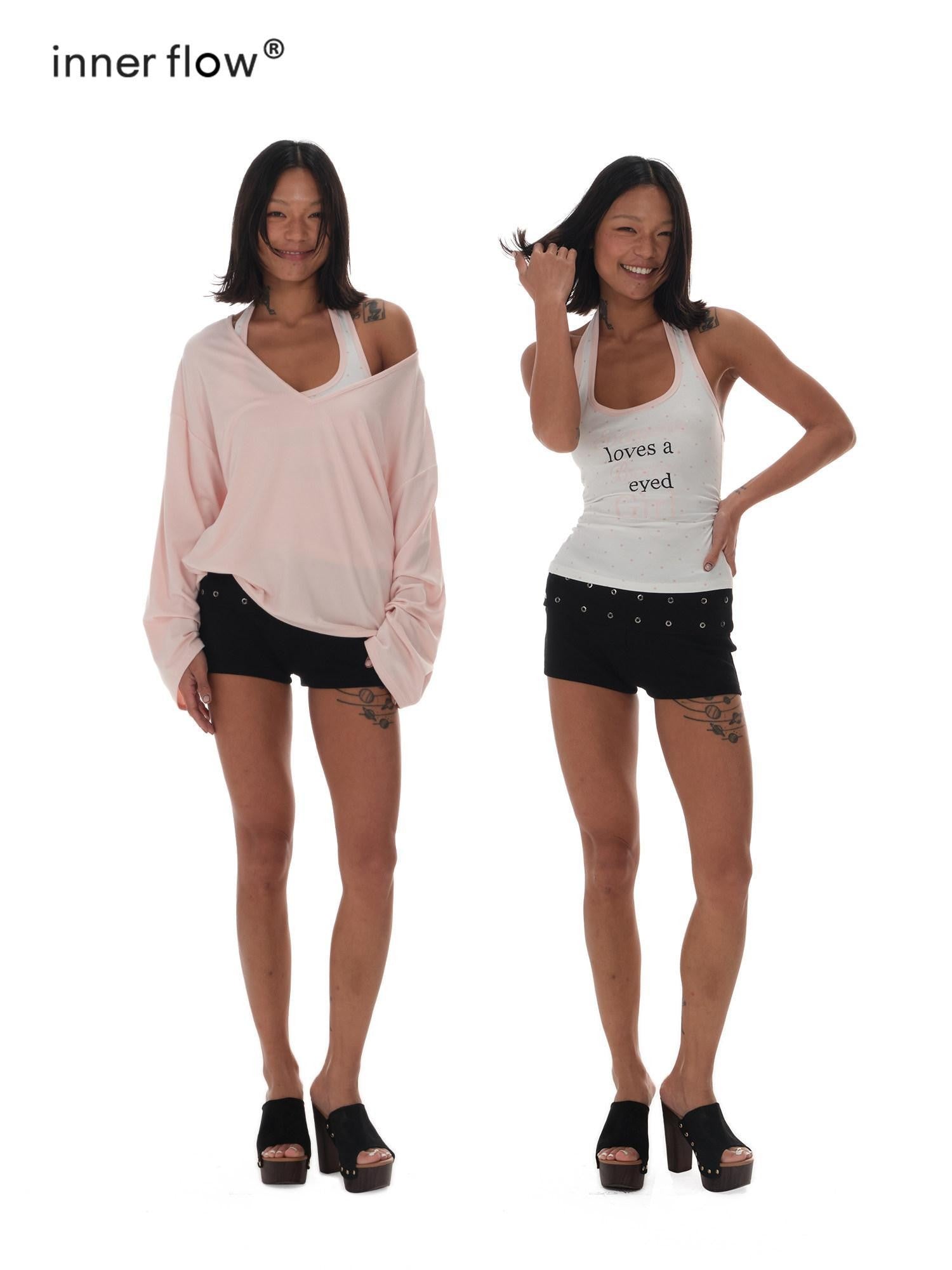 innerflow Pink Asymmetric V-neck Letter Print Polka Dot H Shaped Slim Women&