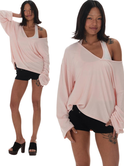 innerflow Pink Asymmetric V-neck Letter Print Polka Dot H Shaped Slim Women&