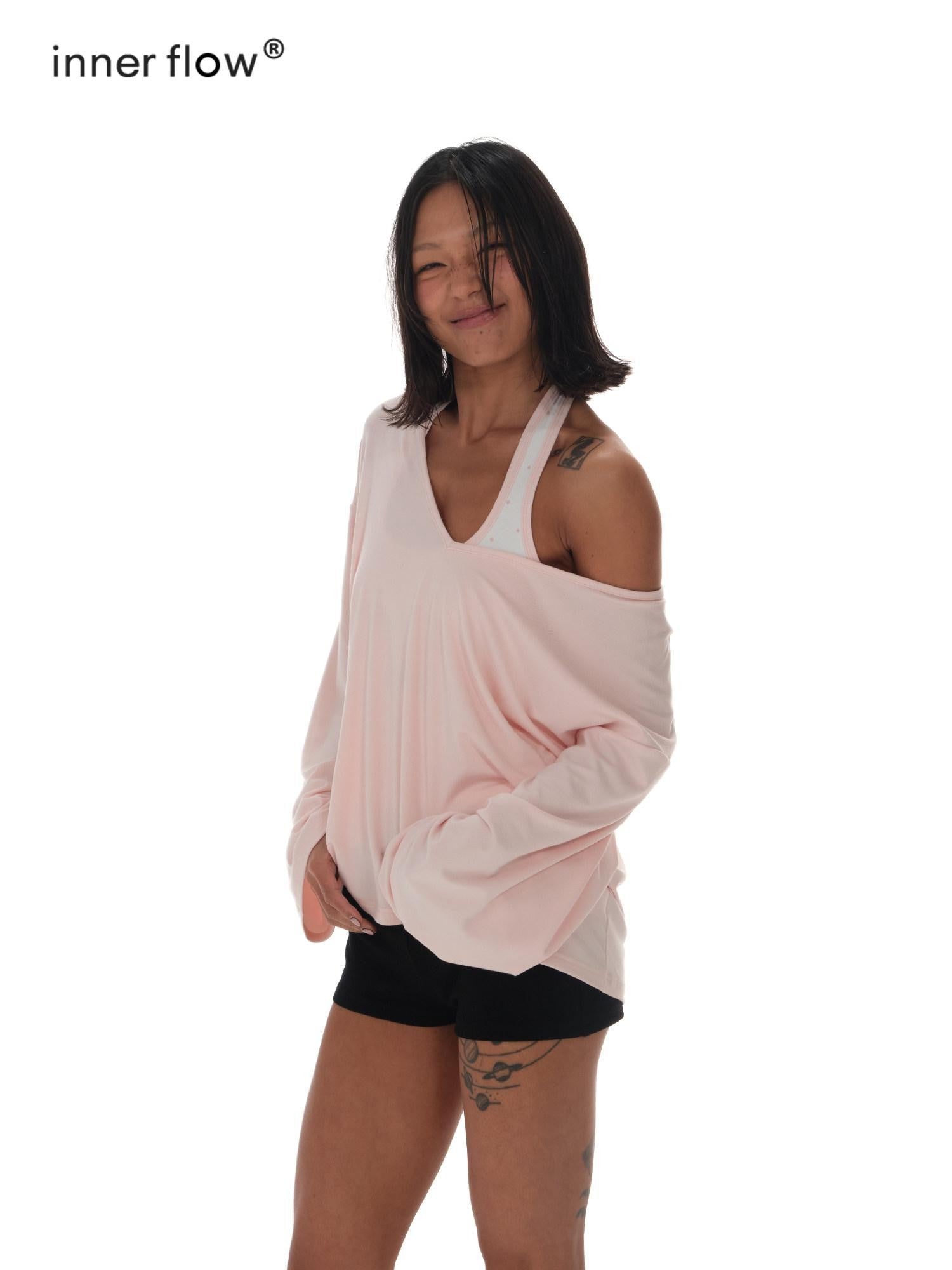 innerflow Pink Asymmetric V-neck Letter Print Polka Dot H Shaped Slim Women&