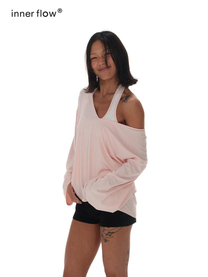 innerflow Pink Asymmetric V-neck Letter Print Polka Dot H Shaped Slim Women&
