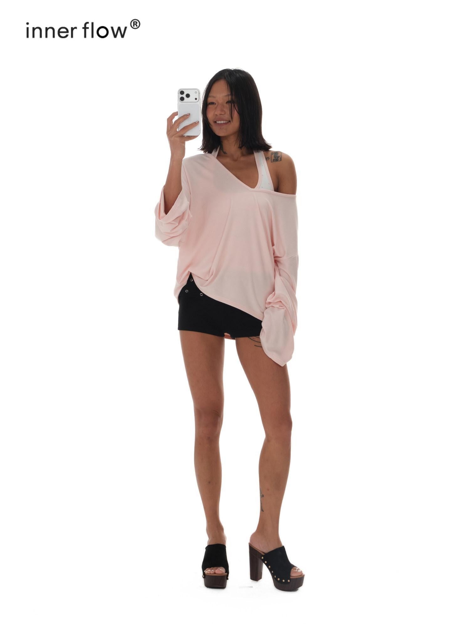 innerflow Pink Asymmetric V-neck Letter Print Polka Dot H Shaped Slim Women&