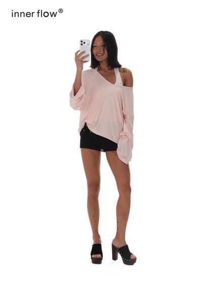 innerflow Pink Asymmetric V-neck Letter Print Polka Dot H Shaped Slim Women&