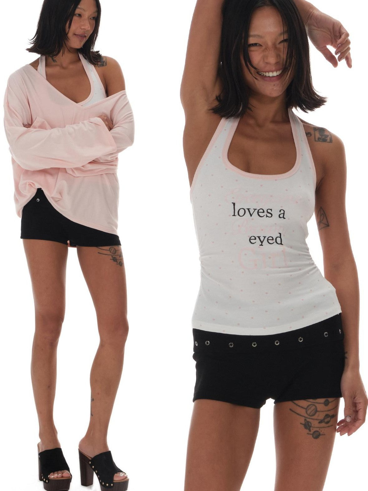 innerflow Pink Asymmetric V-neck Letter Print Polka Dot H Shaped Slim Women&