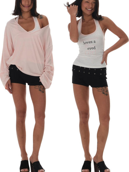 innerflow Pink Asymmetric V-neck Letter Print Polka Dot H Shaped Slim Women&