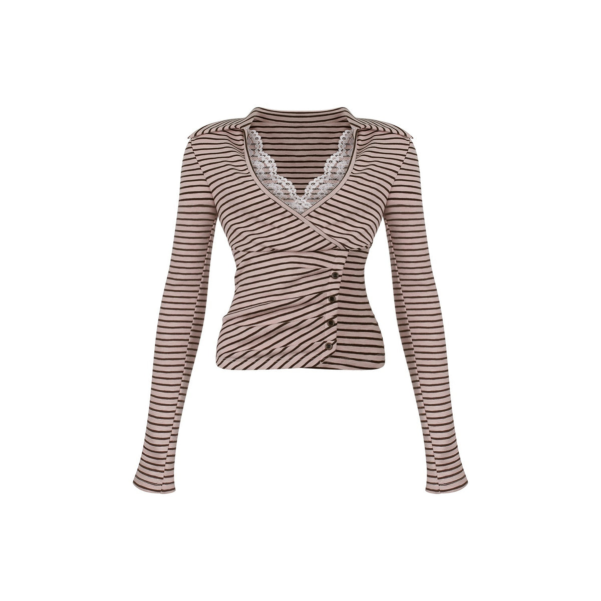 innerflow_Pink_Brown_Striped_Lace_Trim_Collared_Women&