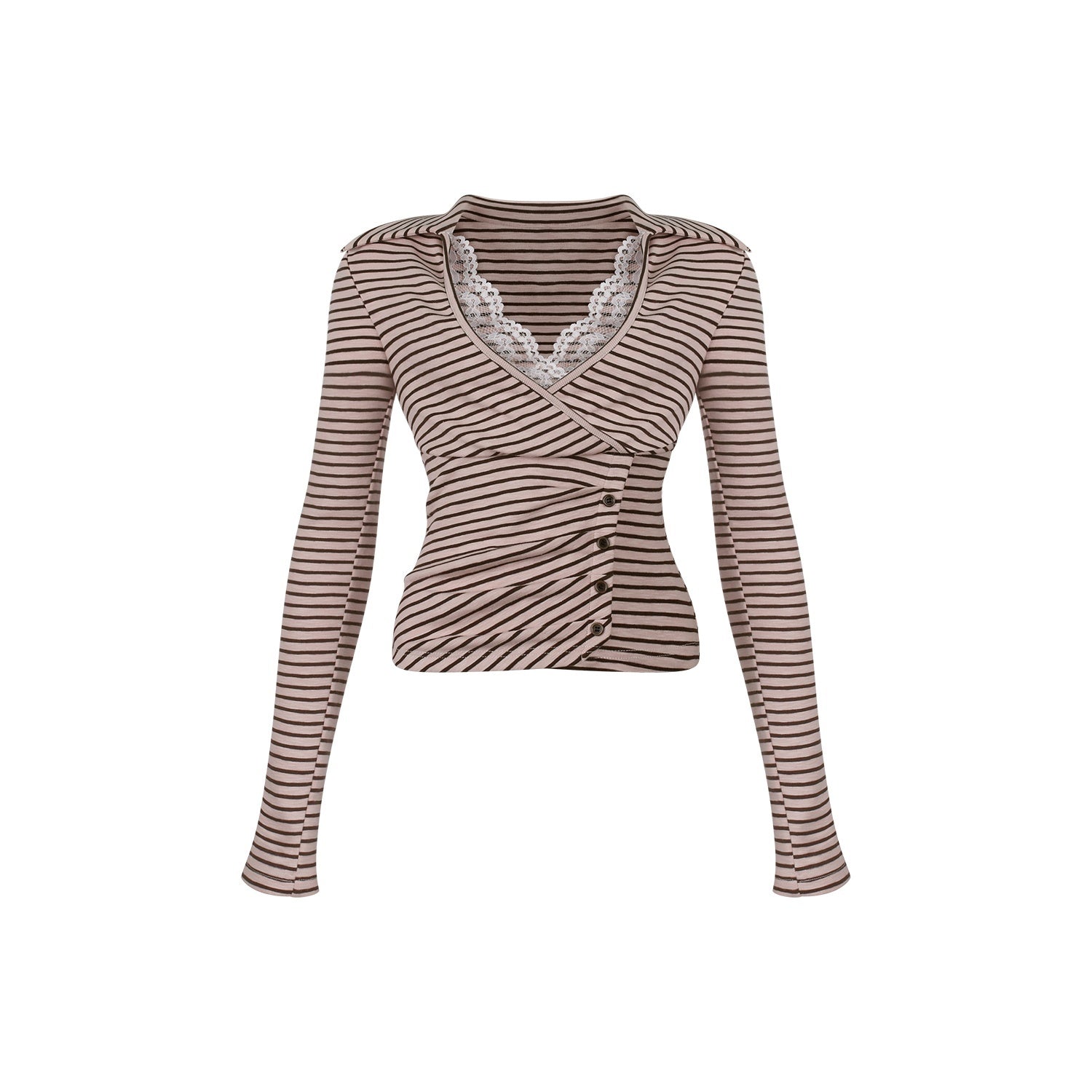 innerflow_Pink_Brown_Striped_Lace_Trim_Collared_Women&