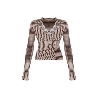 innerflow_Pink_Brown_Striped_Lace_Trim_Collared_Women&