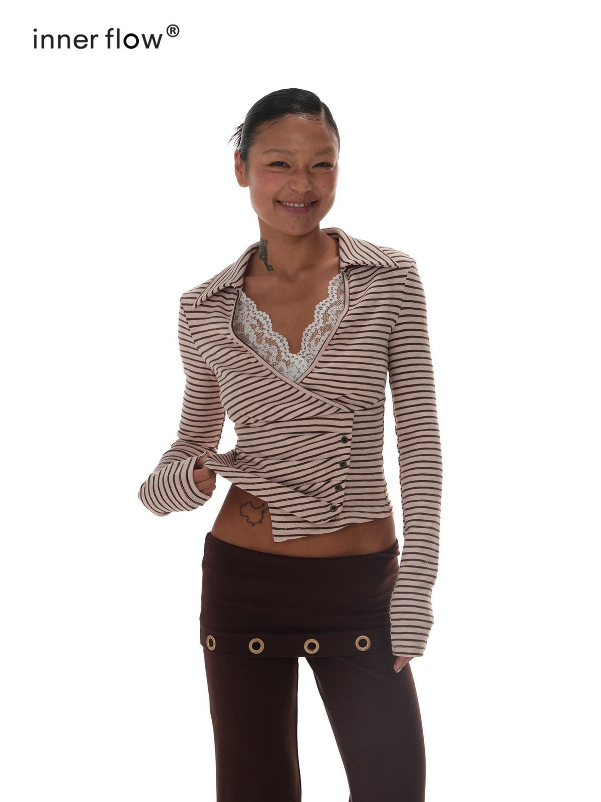 innerflow Pink Brown Striped Lace Trim Collared Women&