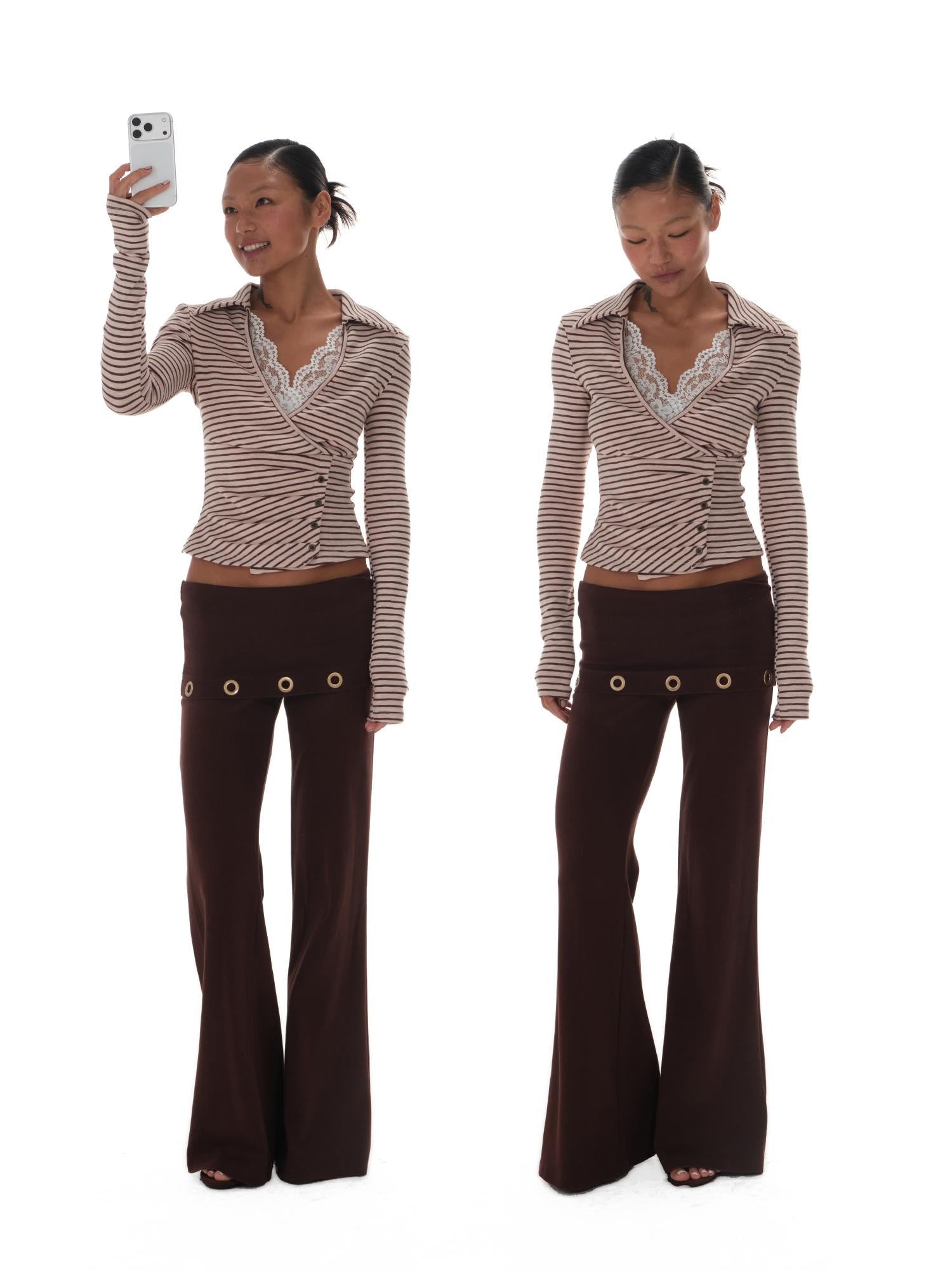 innerflow Pink Brown Striped Lace Trim Collared Women&