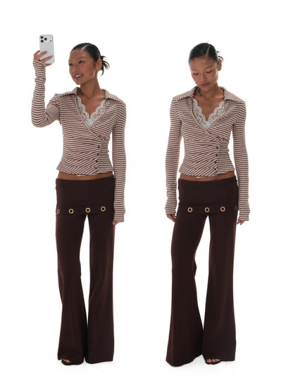 innerflow Pink Brown Striped Lace Trim Collared Women&