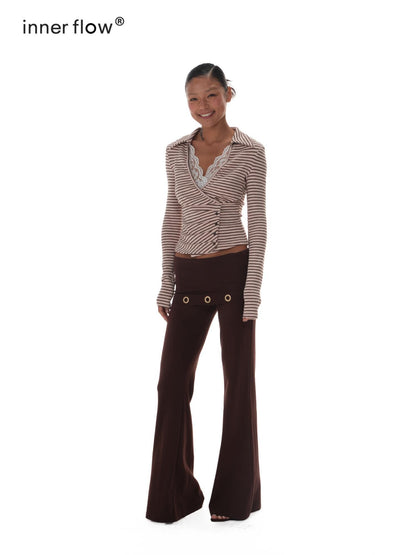 innerflow Pink Brown Striped Lace Trim Collared Women&