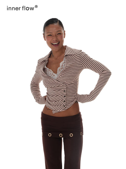 innerflow Pink Brown Striped Lace Trim Collared Women&