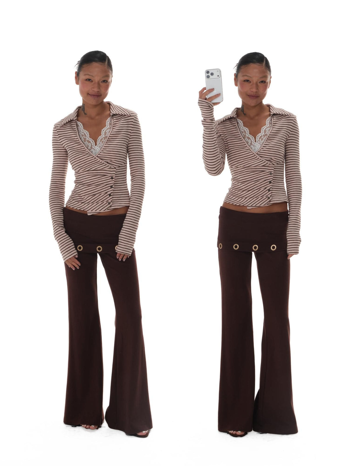 innerflow Pink Brown Striped Lace Trim Collared Women&