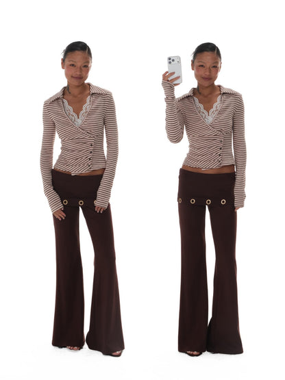 innerflow Pink Brown Striped Lace Trim Collared Women&