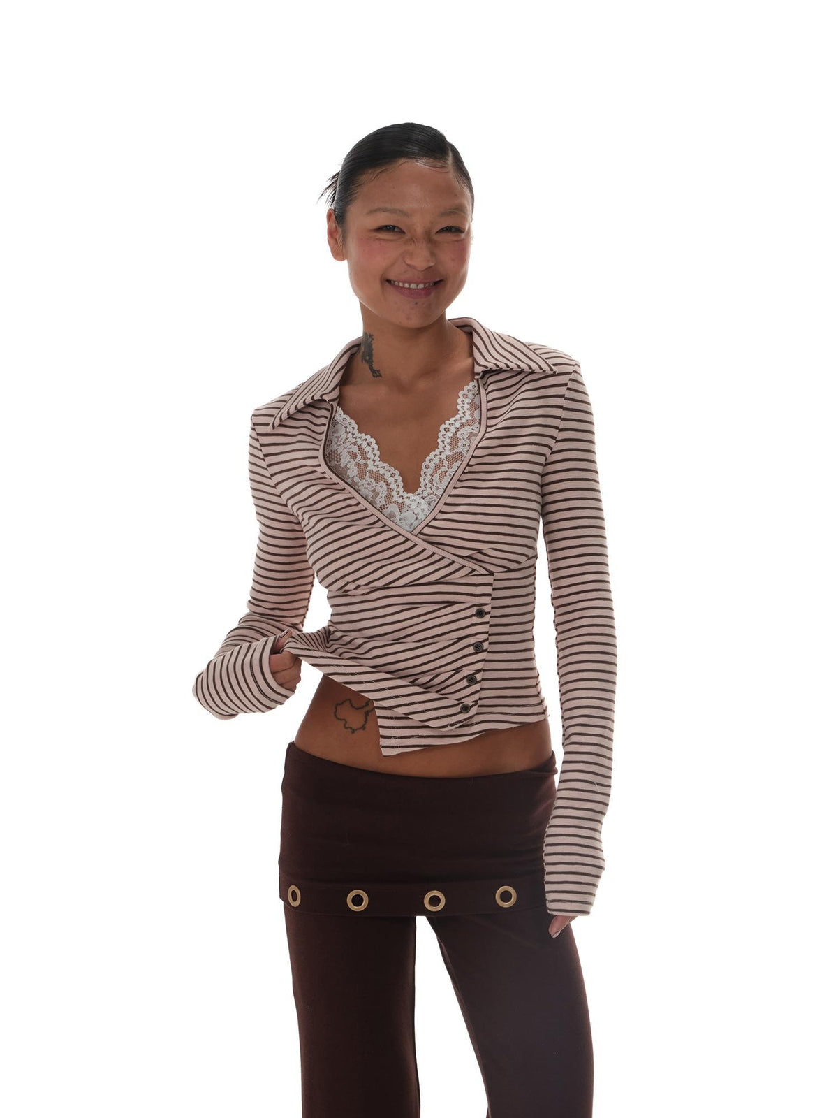innerflow Pink Brown Striped Lace Trim Collared Women&