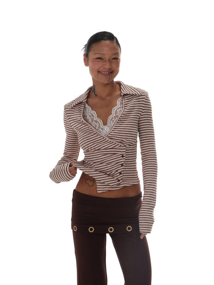 innerflow Pink Brown Striped Lace Trim Collared Women&