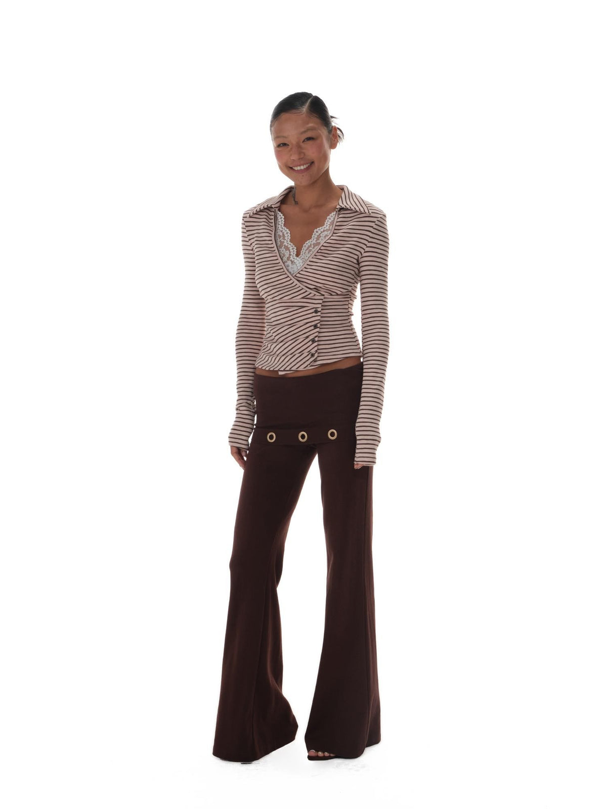 innerflow Pink Brown Striped Lace Trim Collared Women&