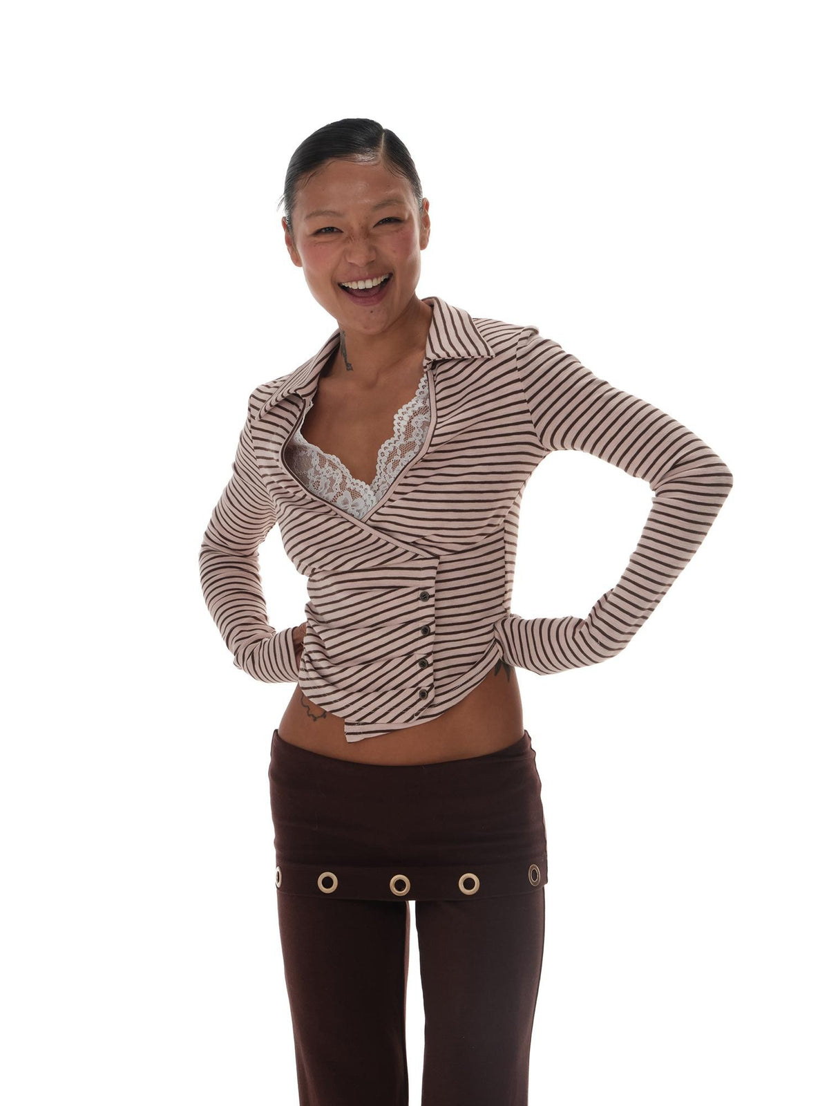 innerflow Pink Brown Striped Lace Trim Collared Women&