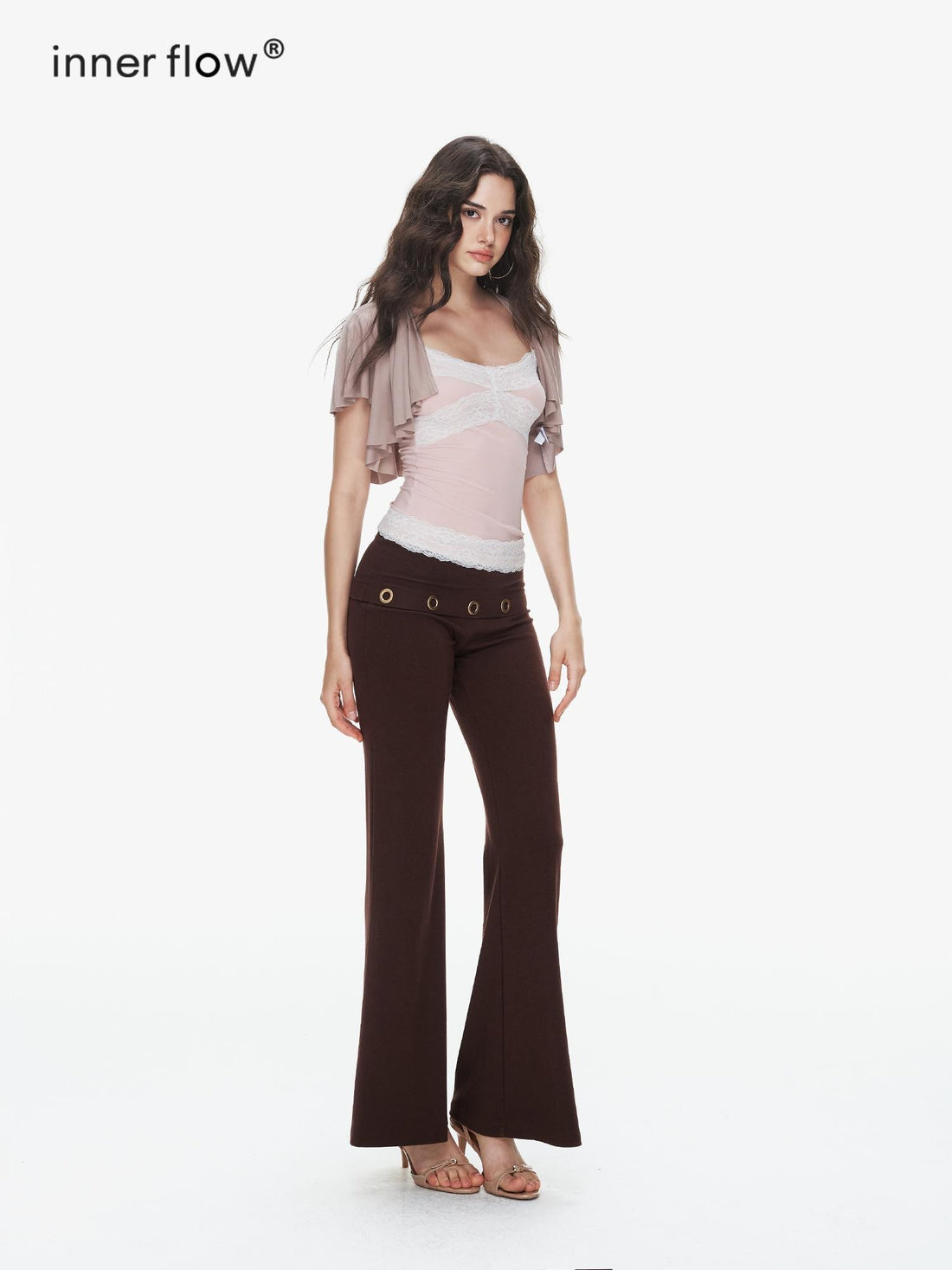 innerflow Pink Coffee Lace U Neck Cropped Slim Strappy Women&