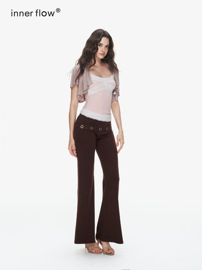 innerflow Pink Coffee Lace U Neck Cropped Slim Strappy Women&
