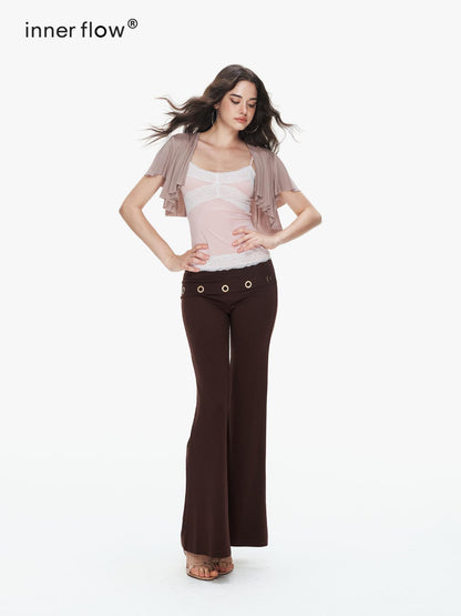 innerflow Pink Coffee Lace U Neck Cropped Slim Strappy Women&