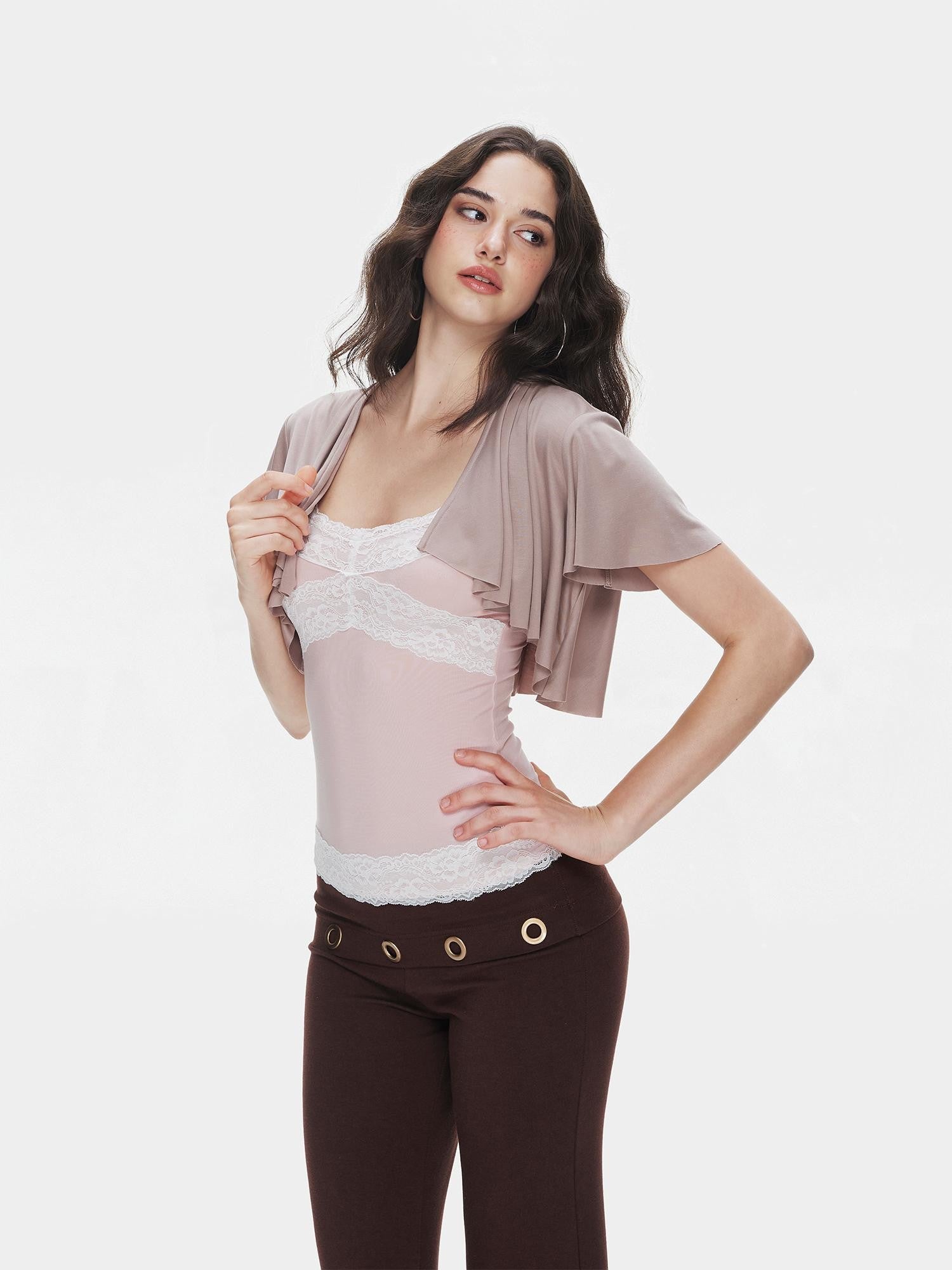 innerflow Pink Coffee Lace U Neck Cropped Slim Strappy Women&
