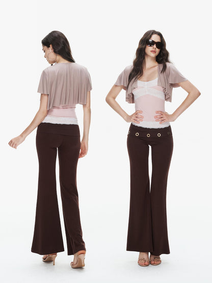 innerflow Pink Coffee Lace U Neck Cropped Slim Strappy Women&