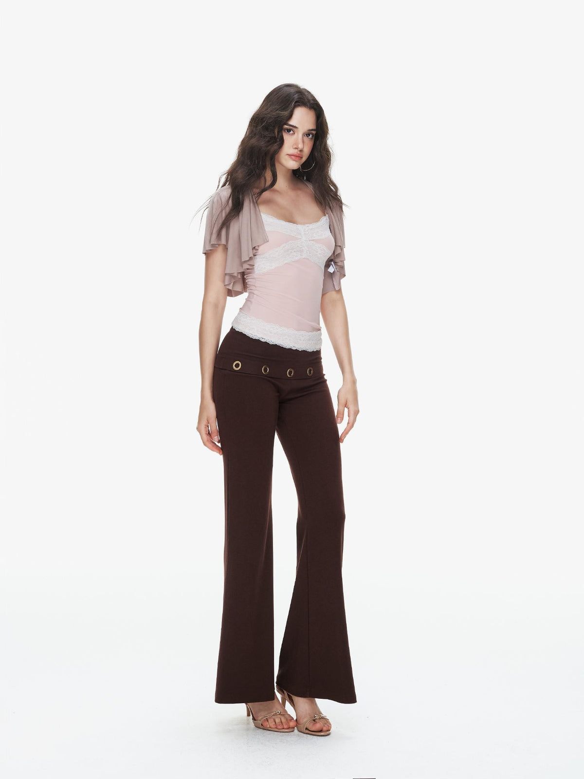 innerflow Pink Coffee Lace U Neck Cropped Slim Strappy Women&