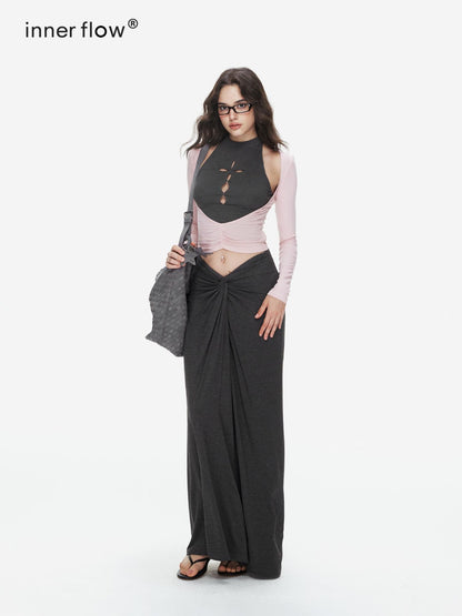 innerflow Pink Cutout Twist Knot Long Skirt Vest Women&