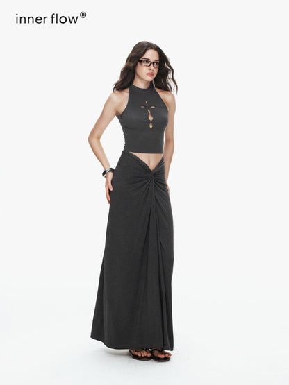 innerflow Pink Cutout Twist Knot Long Skirt Vest Women&