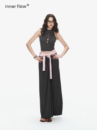 innerflow Pink Cutout Twist Knot Long Skirt Vest Women&