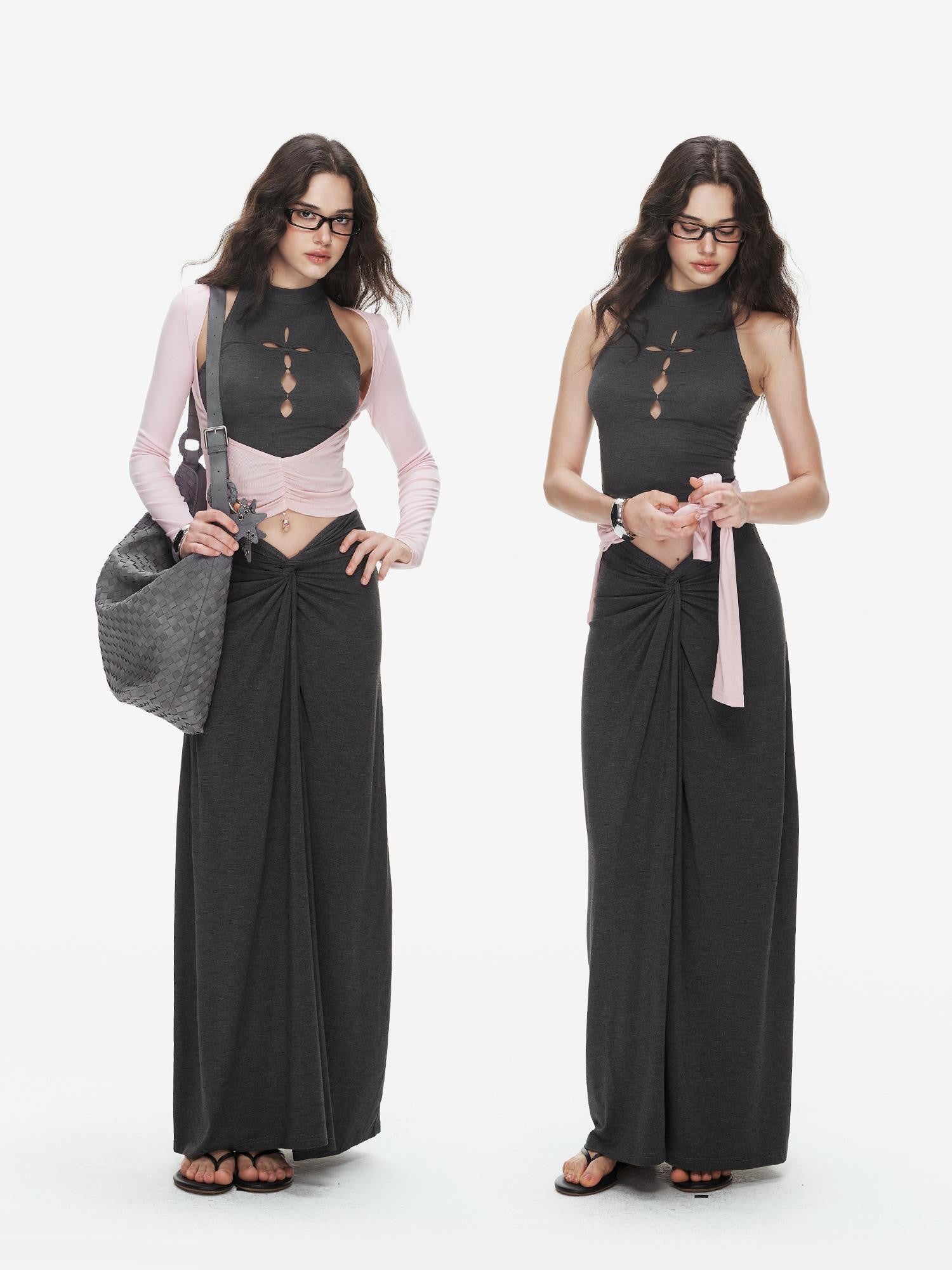 innerflow Pink Cutout Twist Knot Long Skirt Vest Women&