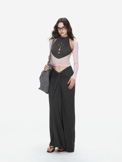 innerflow Pink Cutout Twist Knot Long Skirt Vest Women&