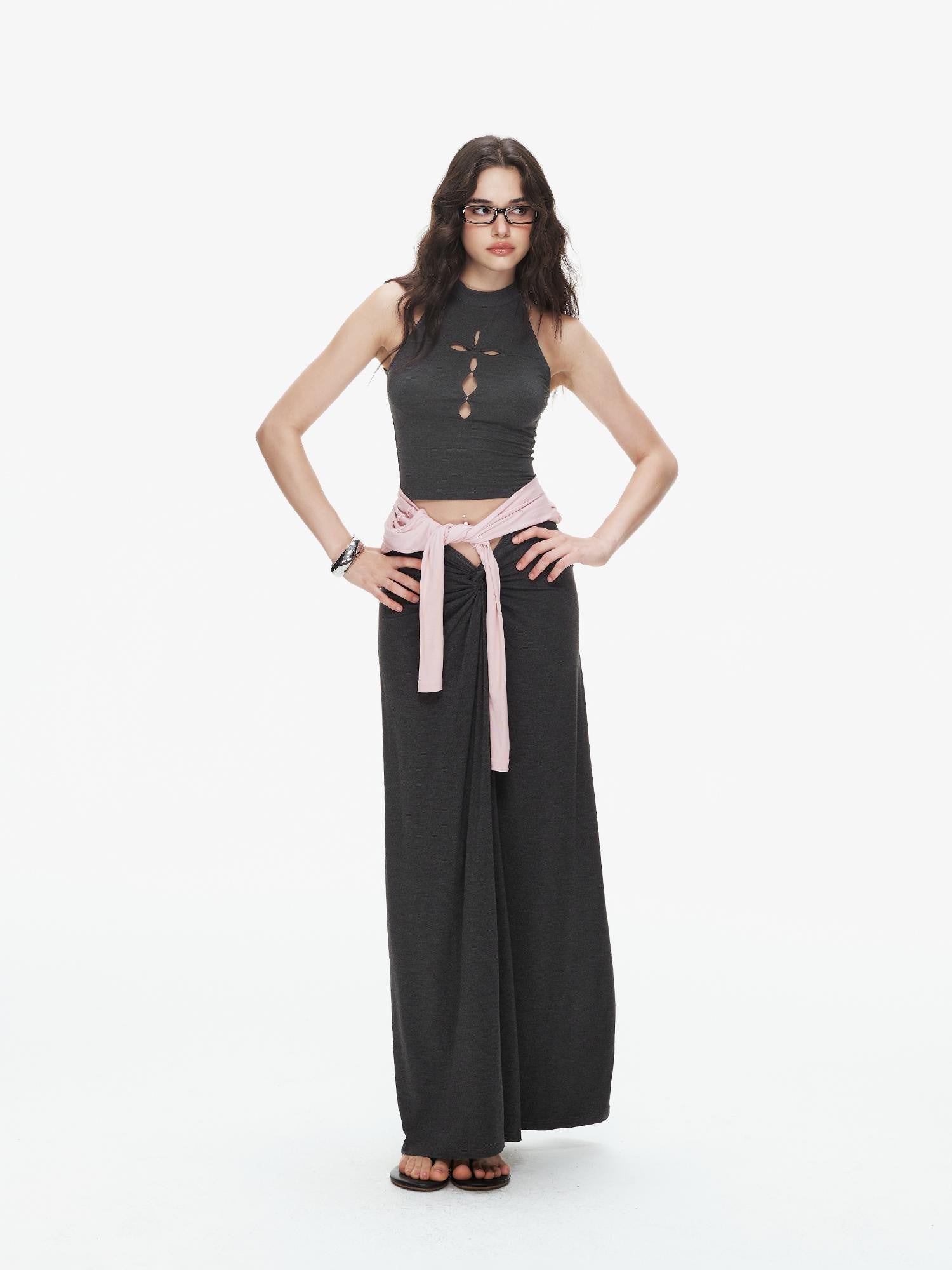 innerflow Pink Cutout Twist Knot Long Skirt Vest Women&