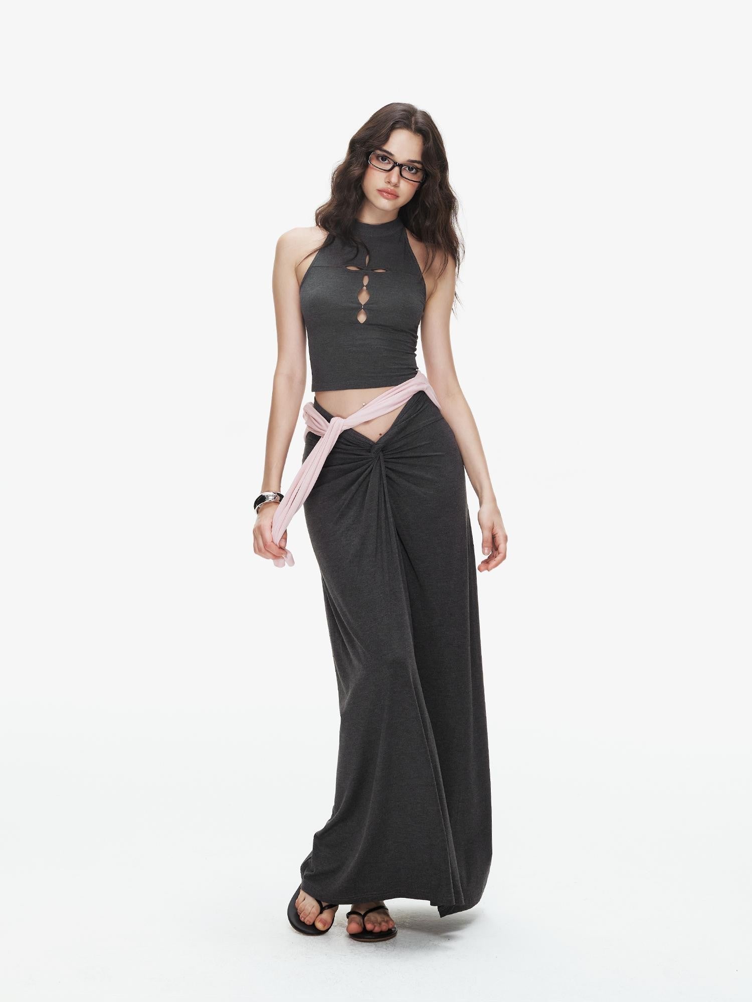 innerflow Pink Cutout Twist Knot Long Skirt Vest Women&