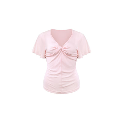 innerflow_Pink_Green_Twist_Knot_V-neck_Ruched_Waist_Women&