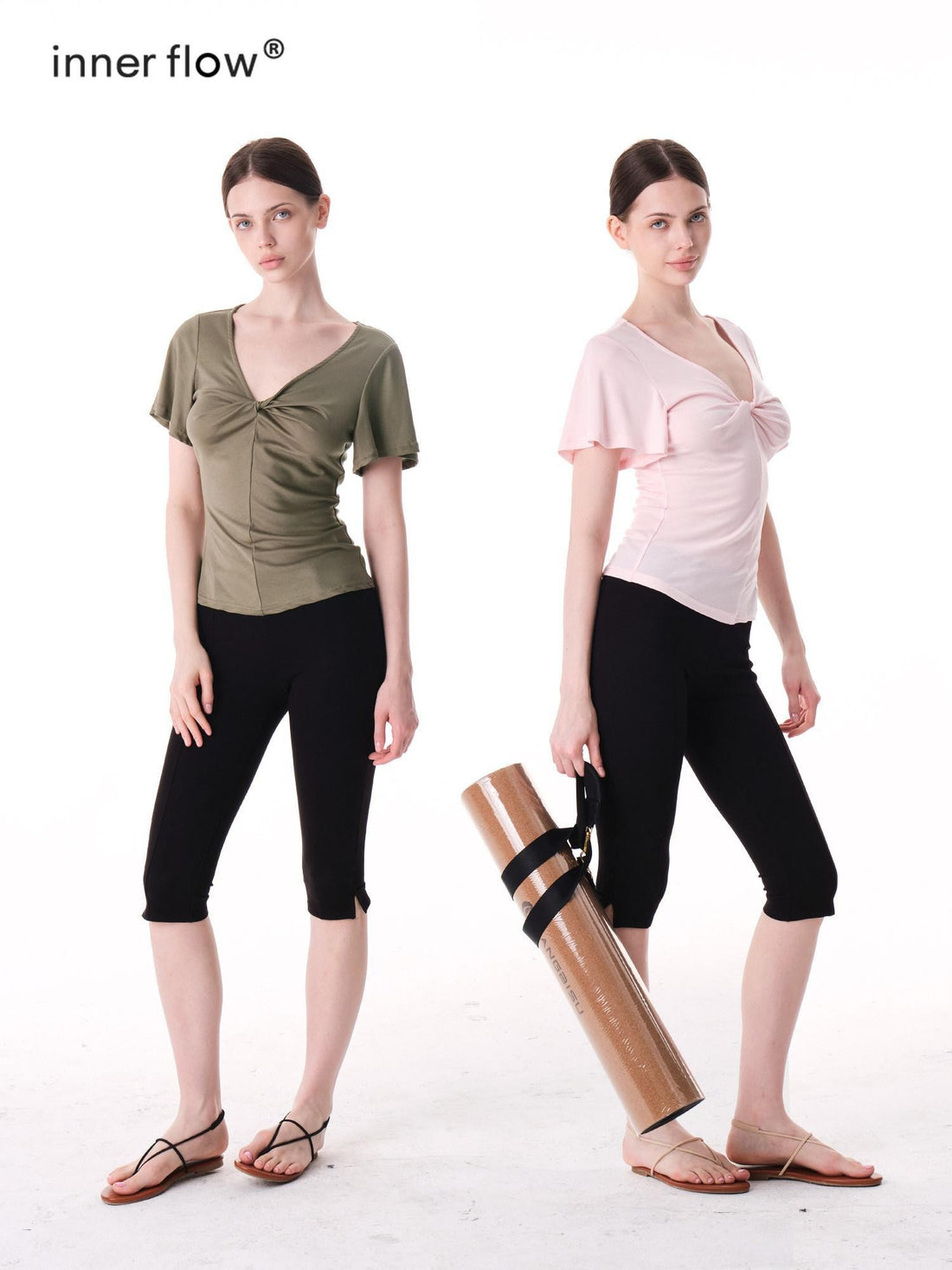 innerflow Pink Green Twist Knot V-neck Ruched Waist Women&