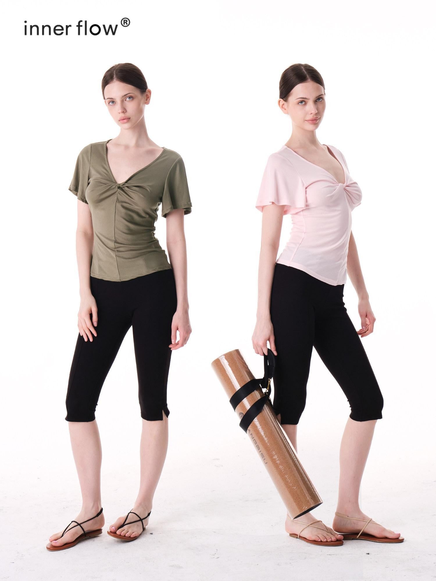 innerflow Pink Green Twist Knot V-neck Ruched Waist Women&