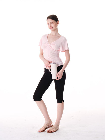 innerflow Pink Green Twist Knot V-neck Ruched Waist Women&