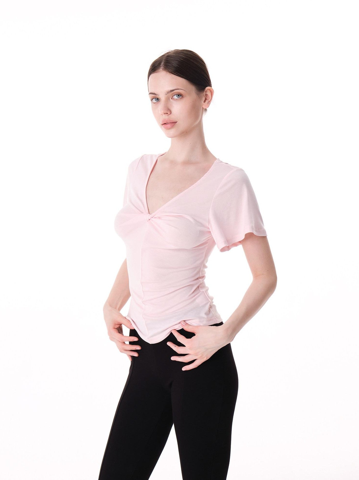 innerflow Pink Green Twist Knot V-neck Ruched Waist Women&