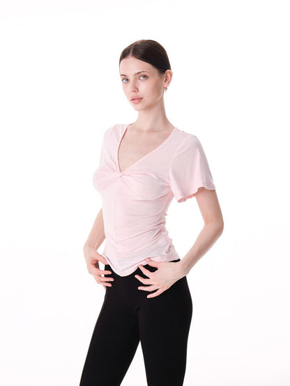 innerflow Pink Green Twist Knot V-neck Ruched Waist Women&