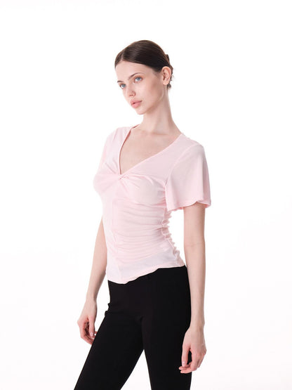 innerflow Pink Green Twist Knot V-neck Ruched Waist Women&