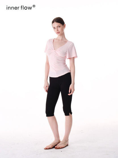 innerflow Pink Green Twist Knot V-neck Ruched Waist Women&