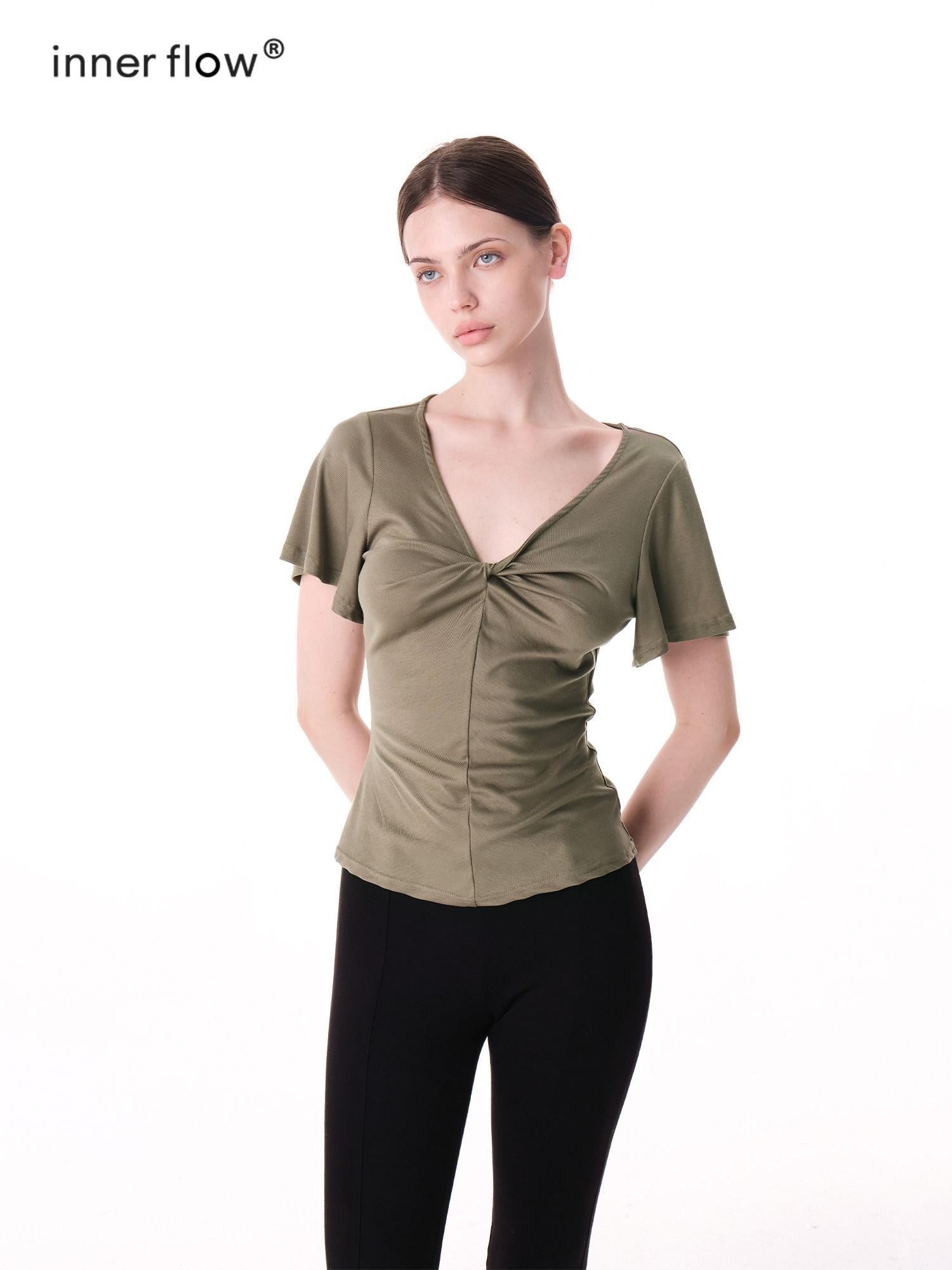 innerflow Pink Green Twist Knot V-neck Ruched Waist Women&