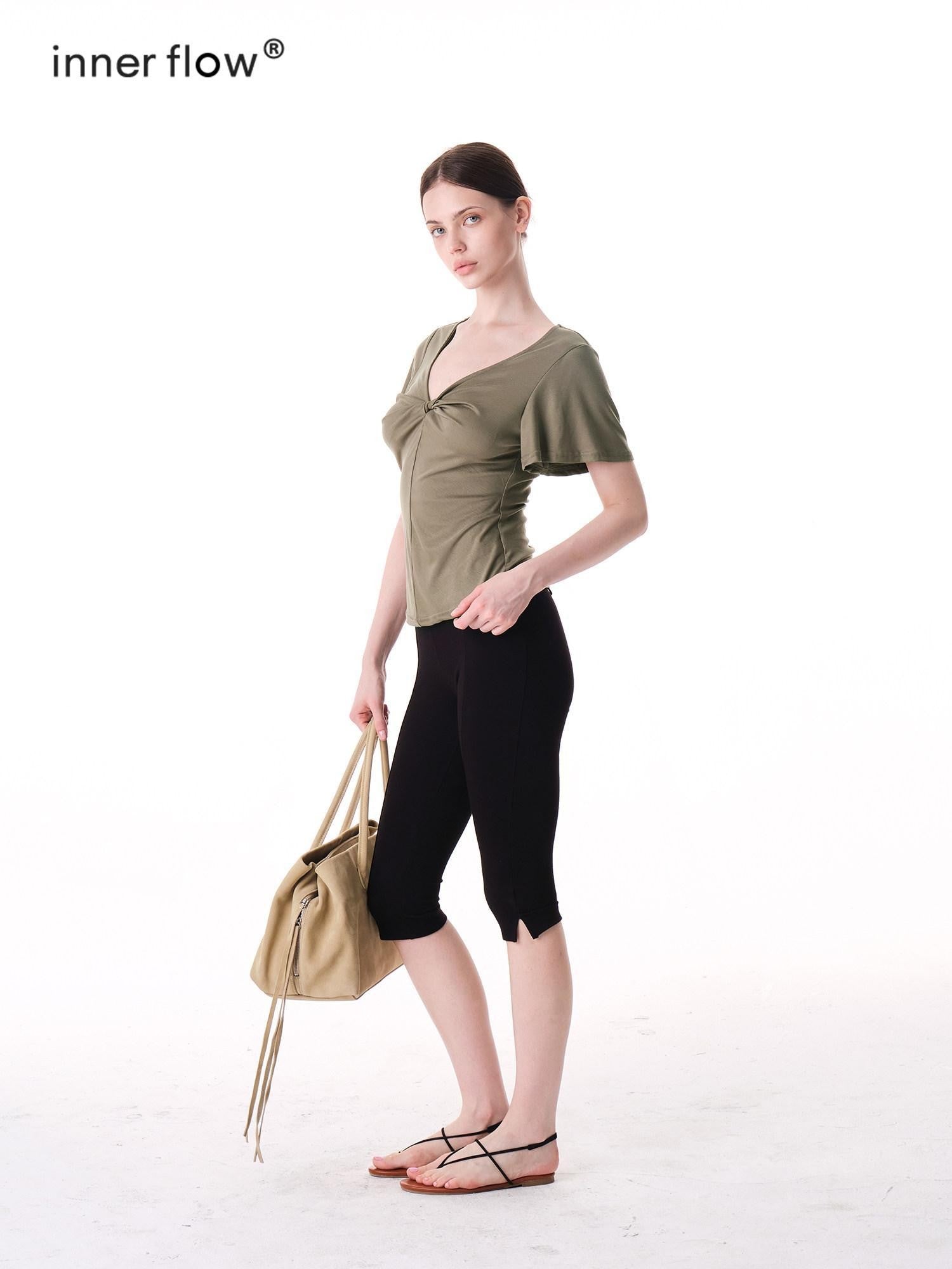 innerflow Pink Green Twist Knot V-neck Ruched Waist Women&