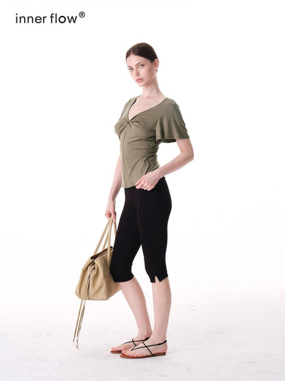 innerflow Pink Green Twist Knot V-neck Ruched Waist Women&