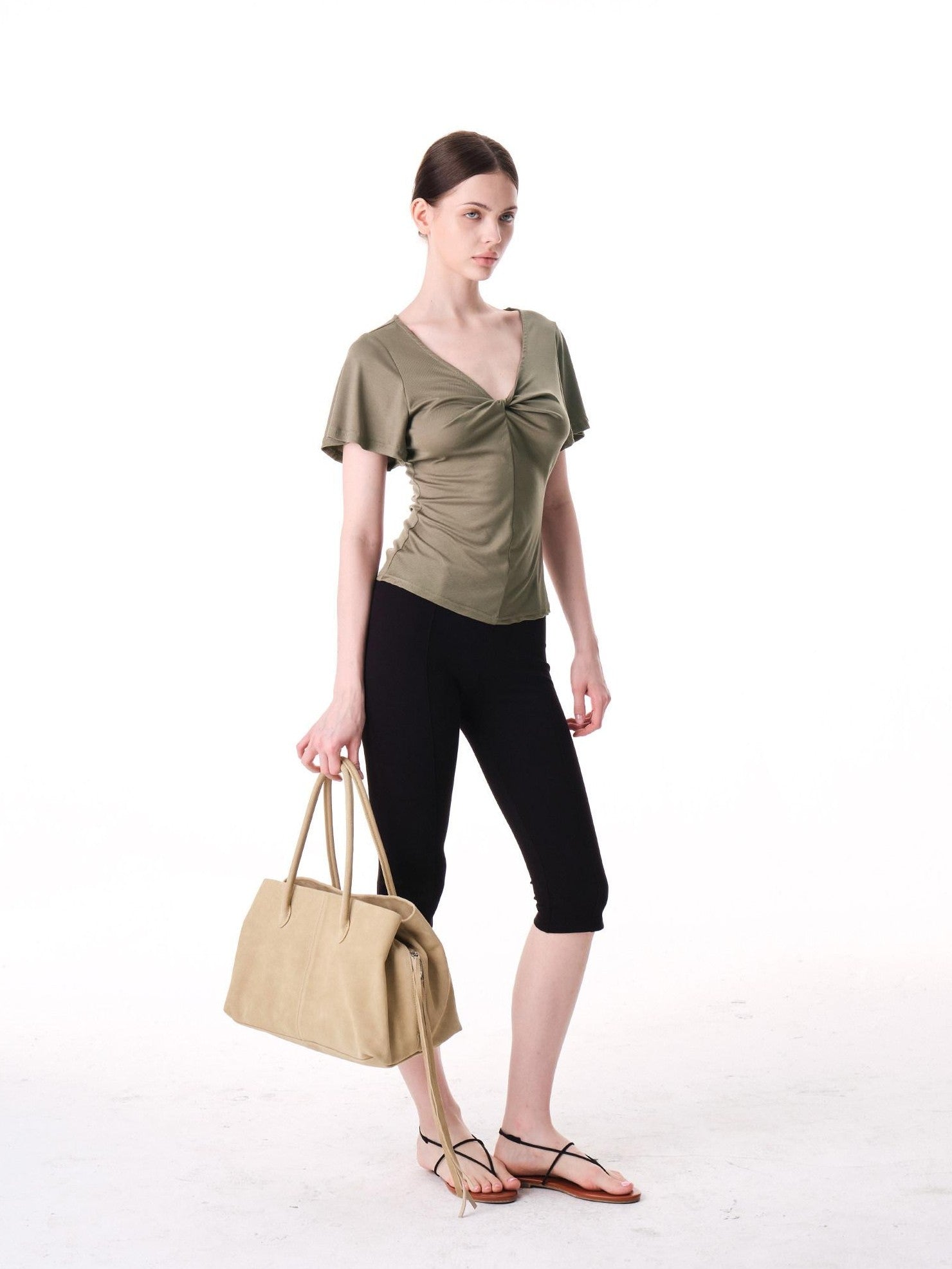 innerflow Pink Green Twist Knot V-neck Ruched Waist Women&
