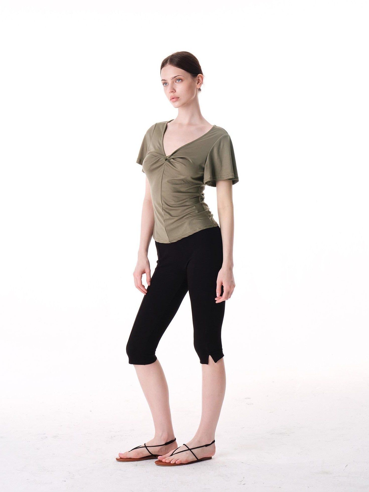 innerflow Pink Green Twist Knot V-neck Ruched Waist Women&